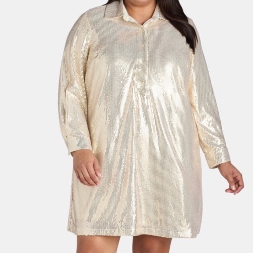 Sequin Gold Mini Shirt Dress 2X